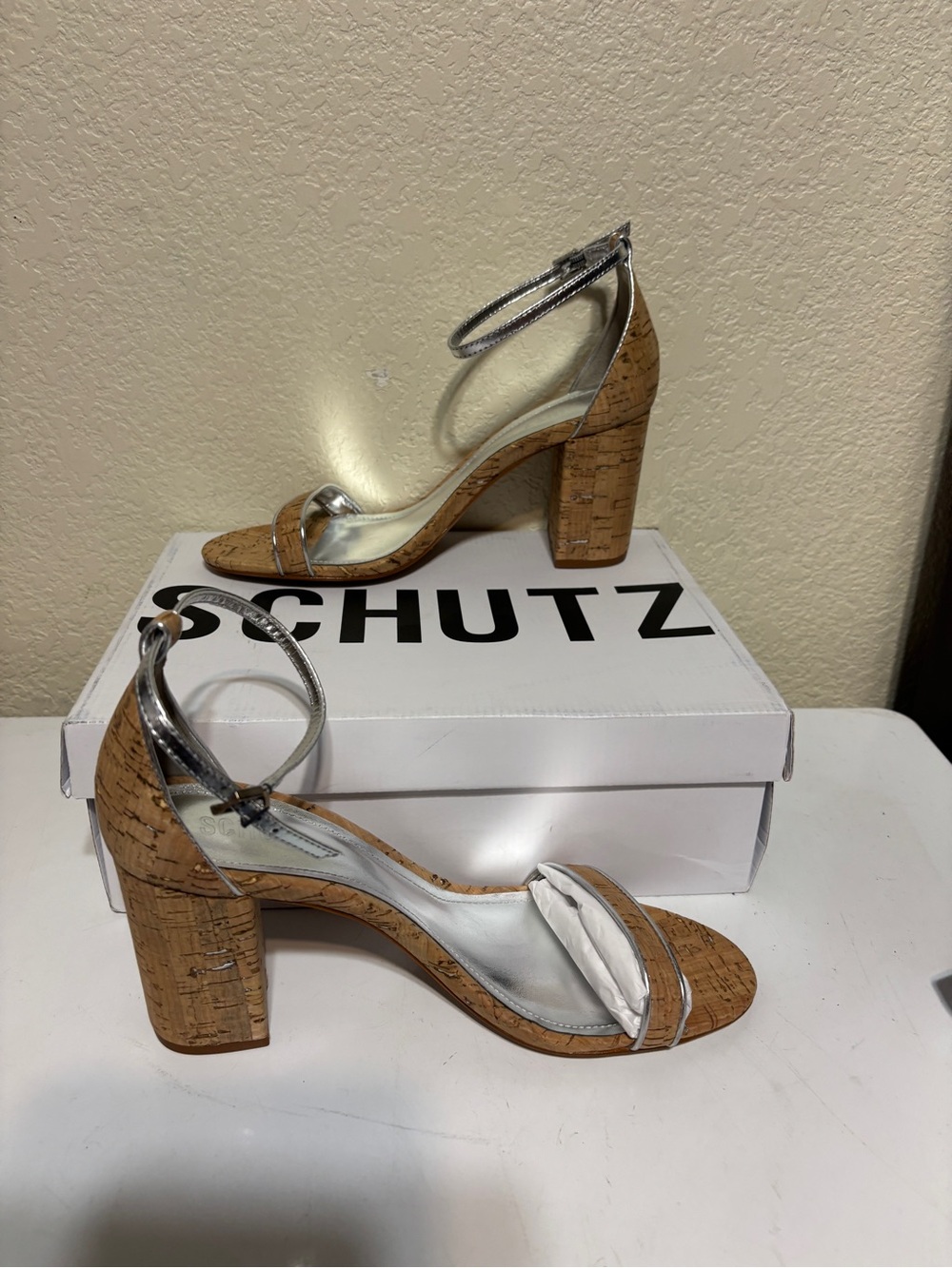 NIB SCHUTZ Silver Metallic & Cork Block-Heel Sandals, Size 10